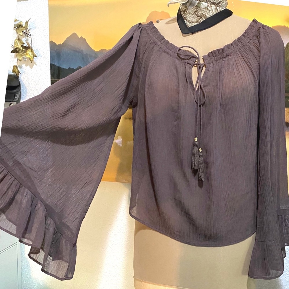 The Hippie Shake Y2K Blouse mesh Boho fairy whimsy Women Bell Sleeve 10-12 Brown